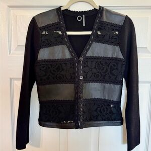 Gorgeous Black Lace and Leather Women's Sweater Top